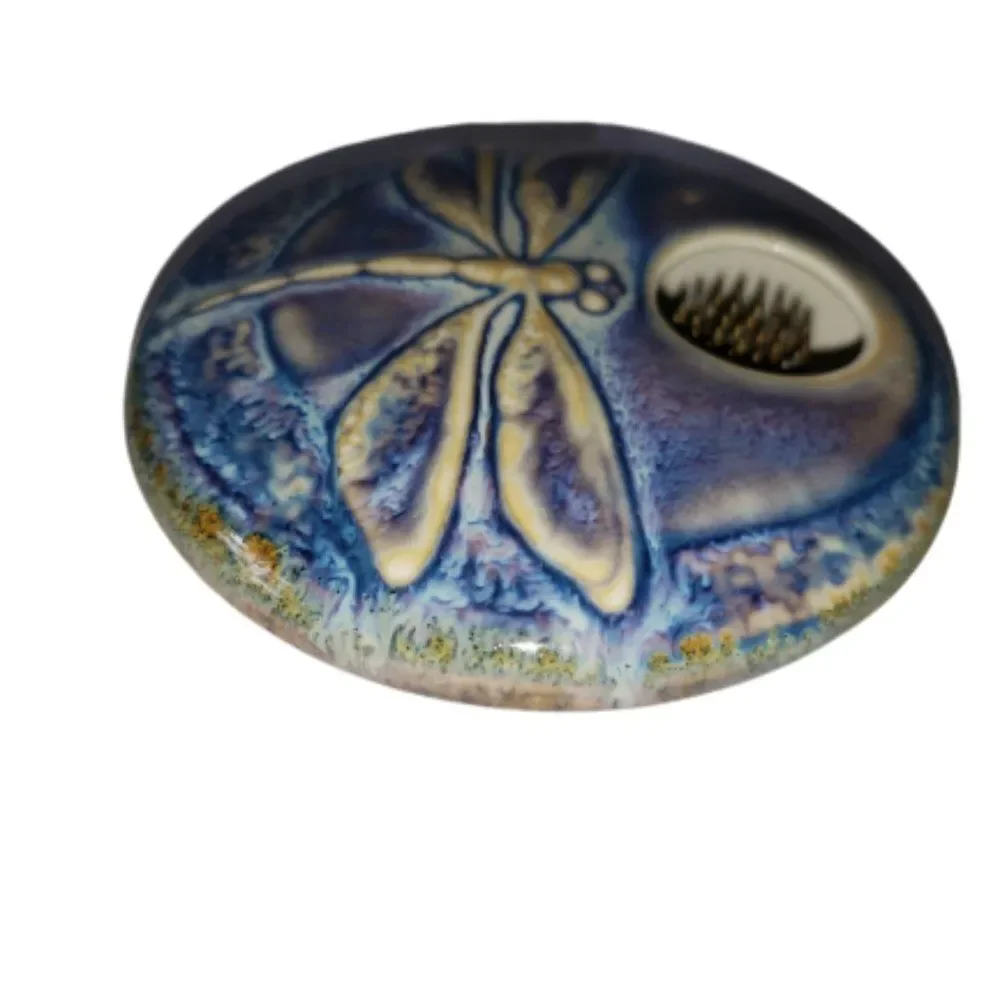Ikebana Vase Dragonfly Signed Dated Metal Flower Frog Blue Glaze Art Pottery